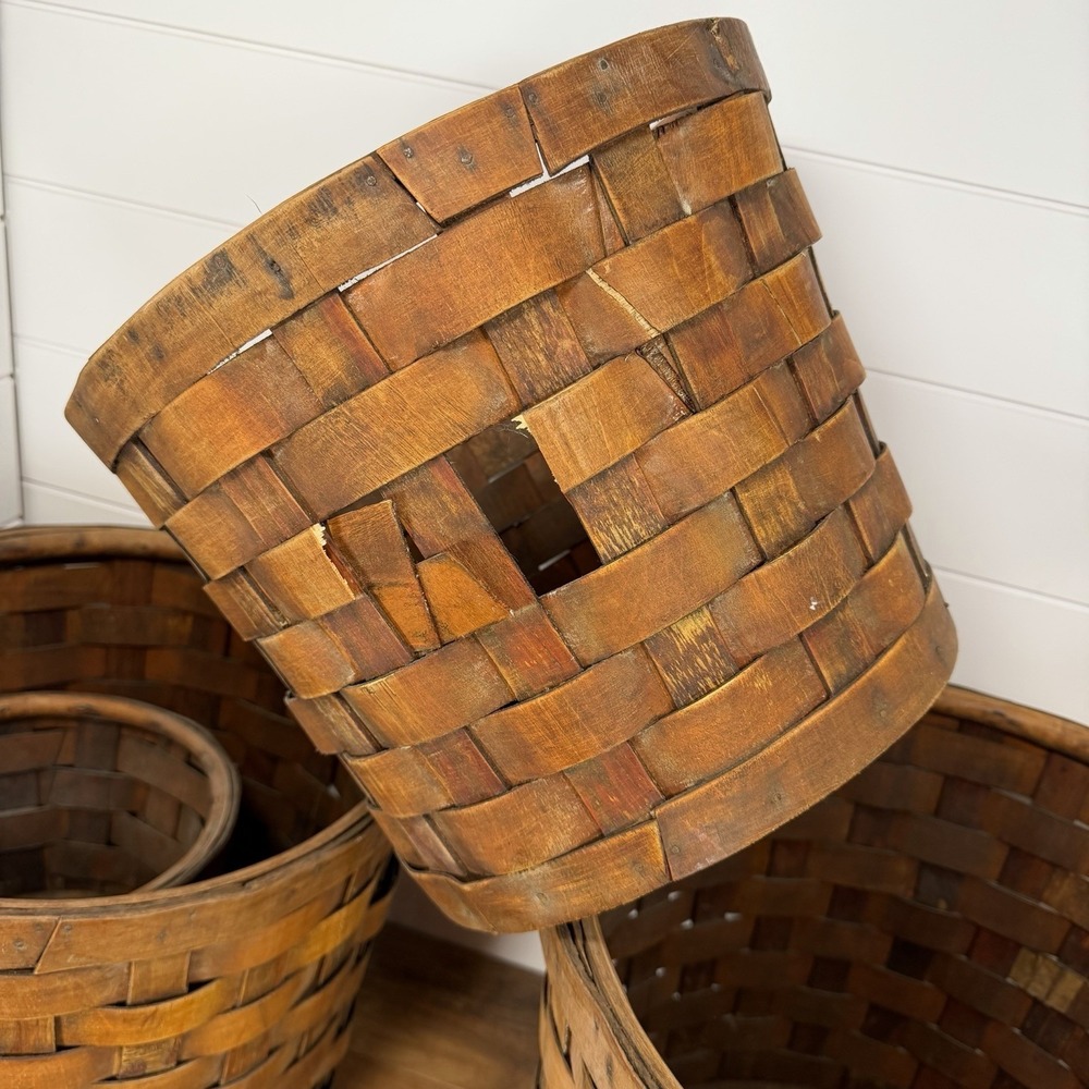 Antique S-XL Nesting Wood Splint Baskets *Flaws* Dark Woven Slats With Tacks - Picture 10 of 16